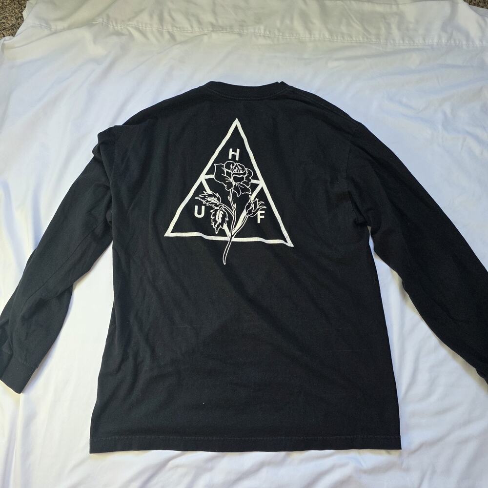Huf World Y2k Long Sleeve Black With White Rose 100% Cotton Large Rib Knit Cuff